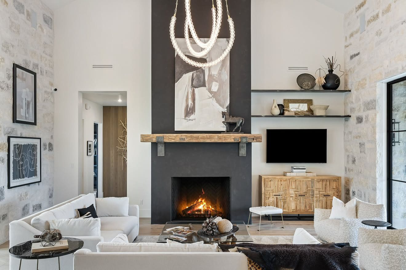Living room fireplace with reclaimed timber mantel