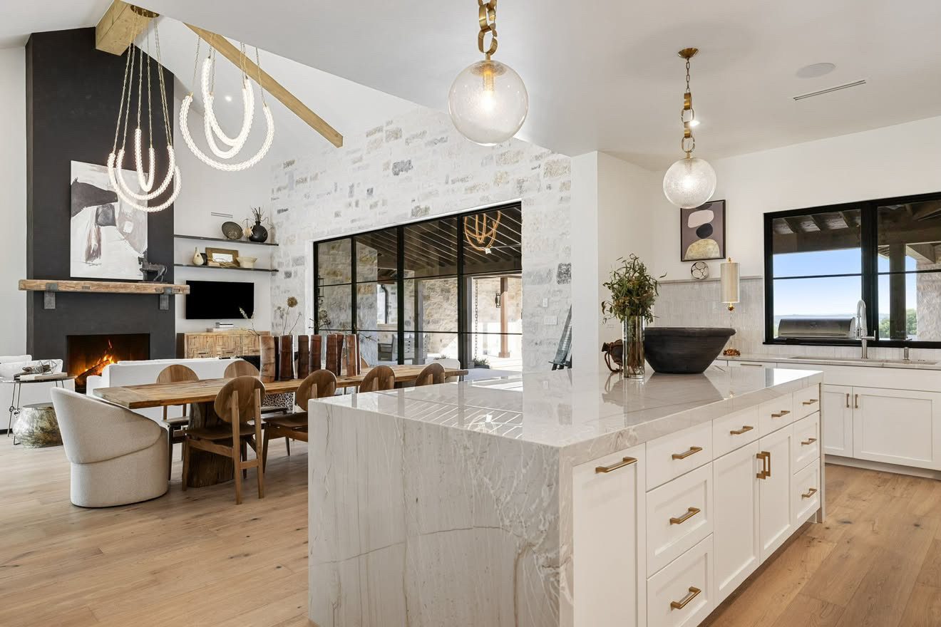 Kitchen with marble waterfall island