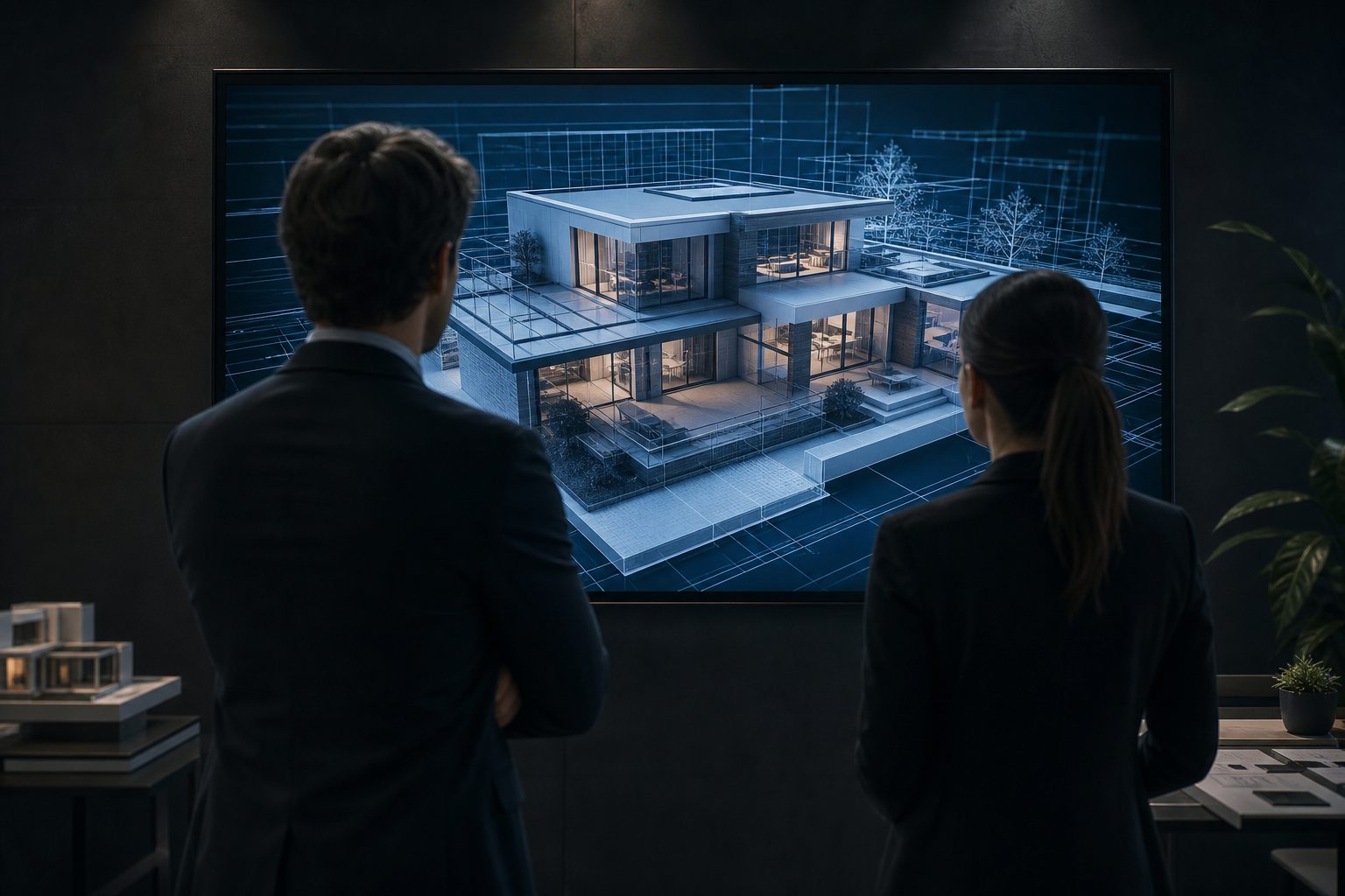 Builder and client reviewing a 3D project model on a large screen
