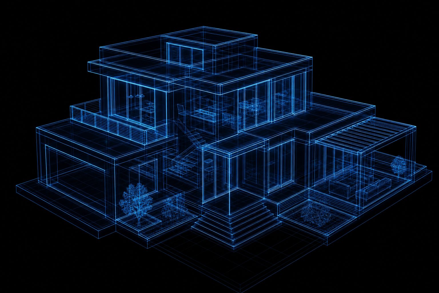 Wireframe model of a building